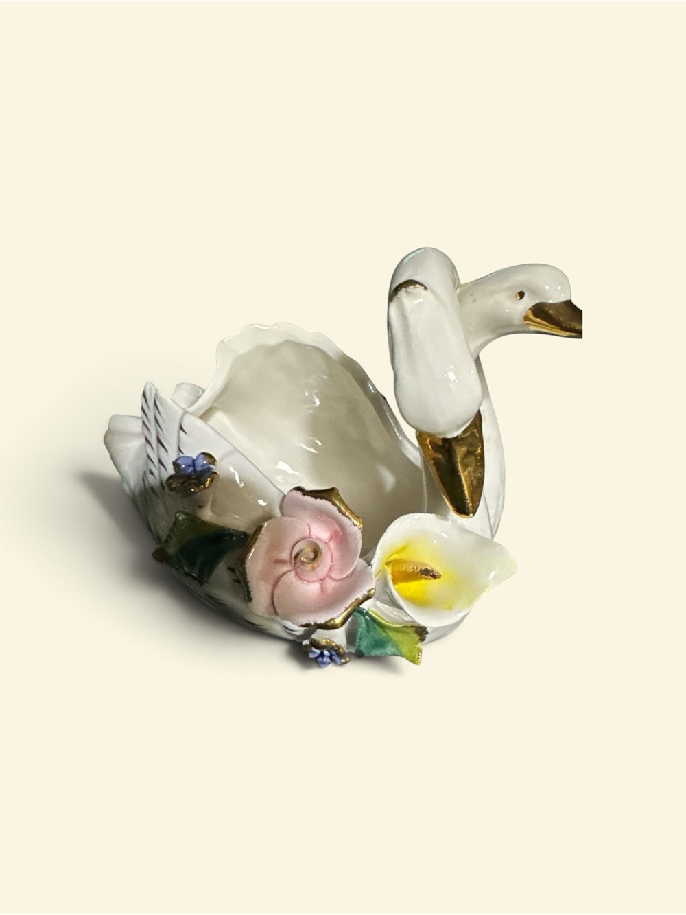 Vintage Porcelain Dish w/ Double Swans made in Italy with Floral Accents